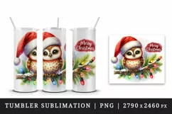 Watercolor cute owl Santa hat lights Merry Christmas greeting quote print 20 oz tumbler skinny mug wrap clipart t-shirt sublimation printable design