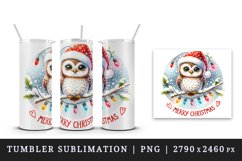 Watercolor cute owl Santa hat lights Merry Christmas greeting quote print 20 oz tumbler skinny mug wrap clipart t-shirt sublimation printable design