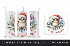 Watercolor cute owl Santa hat lights Merry Christmas greeting quote print 20 oz tumbler skinny mug wrap clipart t-shirt sublimation printable design