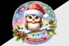 Watercolor cute owl Santa hat lights Merry Christmas greeting quote print 20 oz tumbler skinny mug wrap clipart t-shirt sublimation printable design