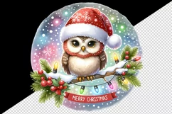Watercolor cute owl Santa hat lights Merry Christmas greeting quote print 20 oz tumbler skinny mug wrap clipart t-shirt sublimation printable design