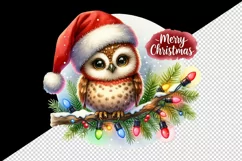 Watercolor cute owl Santa hat lights Merry Christmas greeting quote print 20 oz tumbler skinny mug wrap clipart t-shirt sublimation printable design