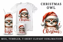 Watercolor cute owl Santa hat Merry Christmas greeting quote print 20 oz tumbler skinny mug wrap clipart t-shirt sublimation printable design