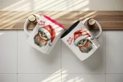 Watercolor cute owl Santa hat Merry Christmas greeting quote print 20 oz tumbler skinny mug wrap clipart t-shirt sublimation printable design
