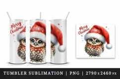 Watercolor cute owl Santa hat Merry Christmas greeting quote print 20 oz tumbler skinny mug wrap clipart t-shirt sublimation printable design