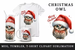 Watercolor cute owl Santa hat Merry Christmas greeting quote print 20 oz tumbler skinny mug wrap clipart t-shirt sublimation printable design