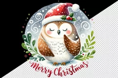Watercolor cute owl Santa hat snow Merry Christmas greeting quote print 20 oz tumbler skinny mug wrap clipart t-shirt sublimation printable design