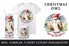 Watercolor cute owl Santa hat snow Merry Christmas greeting quote print 20 oz tumbler skinny mug wrap clipart t-shirt sublimation printable design
