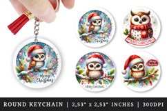 Watercolor cute owl Santa hat twinkling lights Merry Christmas quote New Year winter print round keychain keychains sublimation design