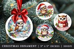 Watercolor cute owl Santa hat twinkling lights Merry Christmas quote New Year winter print round ornament ornaments sublimation design