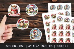 Watercolor cute owl Santa hat twinkling lights Merry Christmas quote New Year winter print sticker sheet stickers printable sublimation design png