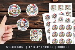 Watercolor cute owl Santa hat twinkling lights Merry Christmas quote New Year winter print sticker sheet stickers printable sublimation design png