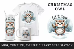 Watercolor cute owl scarf snowflakes Let It Snow Christmas quote print 20 oz tumbler skinny mug wrap clipart t-shirt sublimation printable design