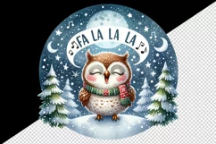 Watercolor cute owl singing Christmas carols starry night Fa La quote print 20 oz tumbler skinny mug wrap clipart t-shirt sublimation printable design