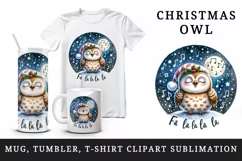 Watercolor cute owl singing Christmas carols starry night Fa La quote print 20 oz tumbler skinny mug wrap clipart t-shirt sublimation printable design