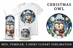 Watercolor cute owl singing Christmas carols starry night Fa La quote print 20 oz tumbler skinny mug wrap clipart t-shirt sublimation printable design