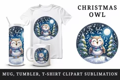 Watercolor cute owl singing Christmas carols starry night Fa La quote print 20 oz tumbler skinny mug wrap clipart t-shirt sublimation printable design