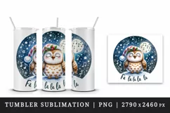 Watercolor cute owl singing Christmas carols starry night Fa La quote print 20 oz tumbler skinny mug wrap clipart t-shirt sublimation printable design