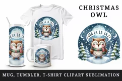 Watercolor cute owl singing Christmas carols starry night Fa La quote print 20 oz tumbler skinny mug wrap clipart t-shirt sublimation printable design