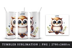 Watercolor cute owl sitting on branch Love Valentine Day quote print 20 oz tumbler skinny mug wrap clipart t-shirt sublimation printable design