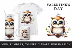 Watercolor cute owl sitting on branch Love Valentine Day quote print 20 oz tumbler skinny mug wrap clipart t-shirt sublimation printable design