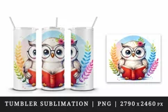 Watercolor cute owl wearing glasses and reading book bird animal print 20 oz tumbler skinny mug wrap clipart t-shirt sublimation printable design