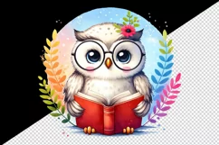 Watercolor cute owl wearing glasses and reading book bird animal print 20 oz tumbler skinny mug wrap clipart t-shirt sublimation printable design