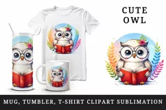 Watercolor cute owl wearing glasses and reading book bird animal print 20 oz tumbler skinny mug wrap clipart t-shirt sublimation printable design