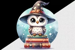 Watercolor cute owl with big eyes wizard hat on stack of magical books print 20oz tumbler skinny mug wrap clipart t-shirt sublimation printable design