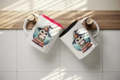 Watercolor cute owl with big eyes wizard hat on stack of magical books print 20oz tumbler skinny mug wrap clipart t-shirt sublimation printable design