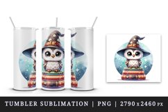 Watercolor cute owl with big eyes wizard hat on stack of magical books print 20oz tumbler skinny mug wrap clipart t-shirt sublimation printable design