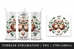 Watercolor cute owls branch heart Always Love you quote Valentine Day print 20 oz tumbler skinny mug wrap clipart t-shirt sublimation printable design