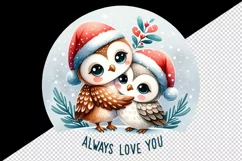 Watercolor cute owls hugging Santa hat Always Love You Valentine Day quote print tumbler skinny mug wrap clipart t-shirt sublimation printable design