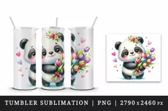 Watercolor cute panda bouquet tulips flowers hearts Love Valentine Day print 20oz tumbler skinny mug wrap clipart t-shirt sublimation printable design