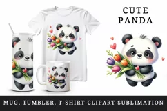 Watercolor cute panda bouquet tulips flowers hearts Love Valentine Day print 20oz tumbler skinny mug wrap clipart t-shirt sublimation printable design