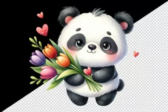 Watercolor cute panda bouquet tulips flowers hearts Love Valentine Day print 20oz tumbler skinny mug wrap clipart t-shirt sublimation printable design