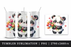 Watercolor cute panda bouquet tulips flowers hearts Love Valentine Day print 20oz tumbler skinny mug wrap clipart t-shirt sublimation printable design