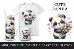 Watercolor cute panda bouquet tulips flowers hearts Love Valentine Day print 20oz tumbler skinny mug wrap clipart t-shirt sublimation printable design