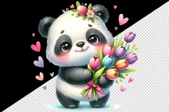 Watercolor cute panda bouquet tulips flowers hearts Love Valentine Day print 20oz tumbler skinny mug wrap clipart t-shirt sublimation printable design