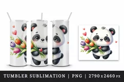 Watercolor cute panda bouquet tulips flowers hearts Love Valentine Day print 20oz tumbler skinny mug wrap clipart t-shirt sublimation printable design