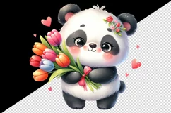 Watercolor cute panda bouquet tulips flowers hearts Love Valentine Day print 20oz tumbler skinny mug wrap clipart t-shirt sublimation printable design