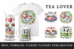 Watercolor cute panda cup of tea teacups teapot leaves tea lover quote print tumbler skinny mug wrap clipart t-shirt sublimation printable design