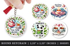 Watercolor cute panda cup of tea teacups teapot slice of cake leaves tea time tea lover quote print round keychain keychains sublimation design