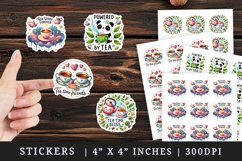 Watercolor cute panda cup of tea teacups teapot slice of cake leaves tea time tea lover quote print sticker sheet stickers printable sublimation design png