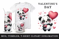 Watercolor cute panda holding heart balloon love Valentine Day print 20 oz tumbler skinny mug wrap clipart t-shirt sublimation printable design