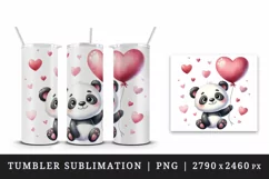 Watercolor cute panda holding heart balloon love Valentine Day print 20 oz tumbler skinny mug wrap clipart t-shirt sublimation printable design
