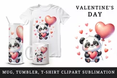 Watercolor cute panda holding heart balloon love Valentine Day print 20 oz tumbler skinny mug wrap clipart t-shirt sublimation printable design