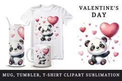Watercolor cute panda holding heart balloon love Valentine Day print 20 oz tumbler skinny mug wrap clipart t-shirt sublimation printable design