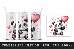 Watercolor cute panda holding heart balloon love Valentine Day print 20 oz tumbler skinny mug wrap clipart t-shirt sublimation printable design