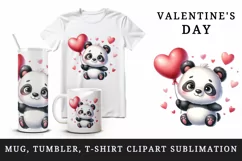 Watercolor cute panda holding heart balloon love Valentine Day print 20 oz tumbler skinny mug wrap clipart t-shirt sublimation printable design